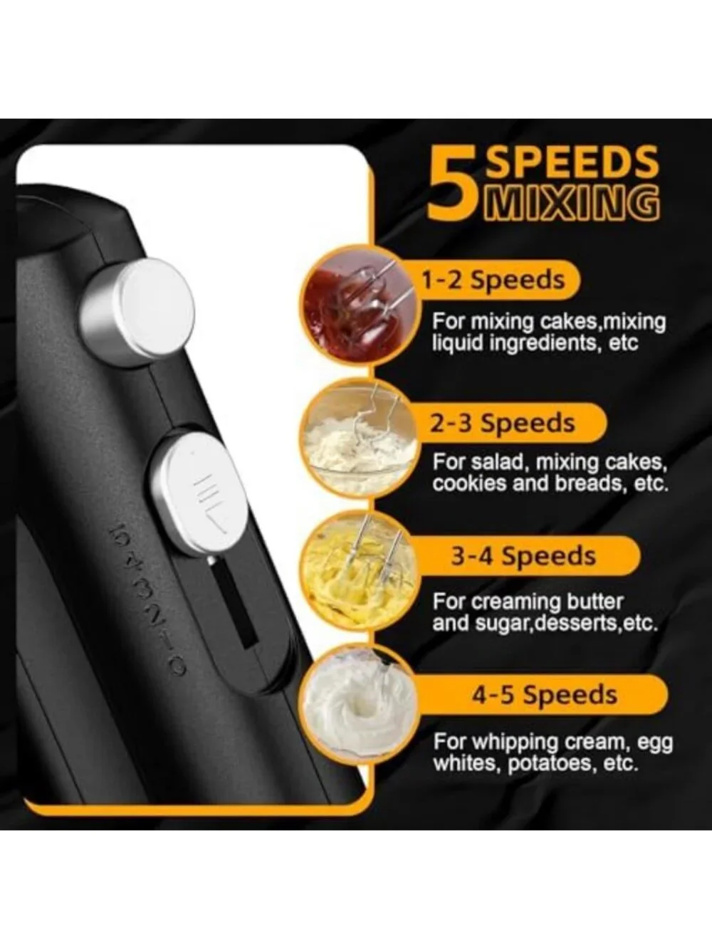 Compact 5-Speed Electric Hand Mixer, 300W Portable Kitchen Tool, Black
